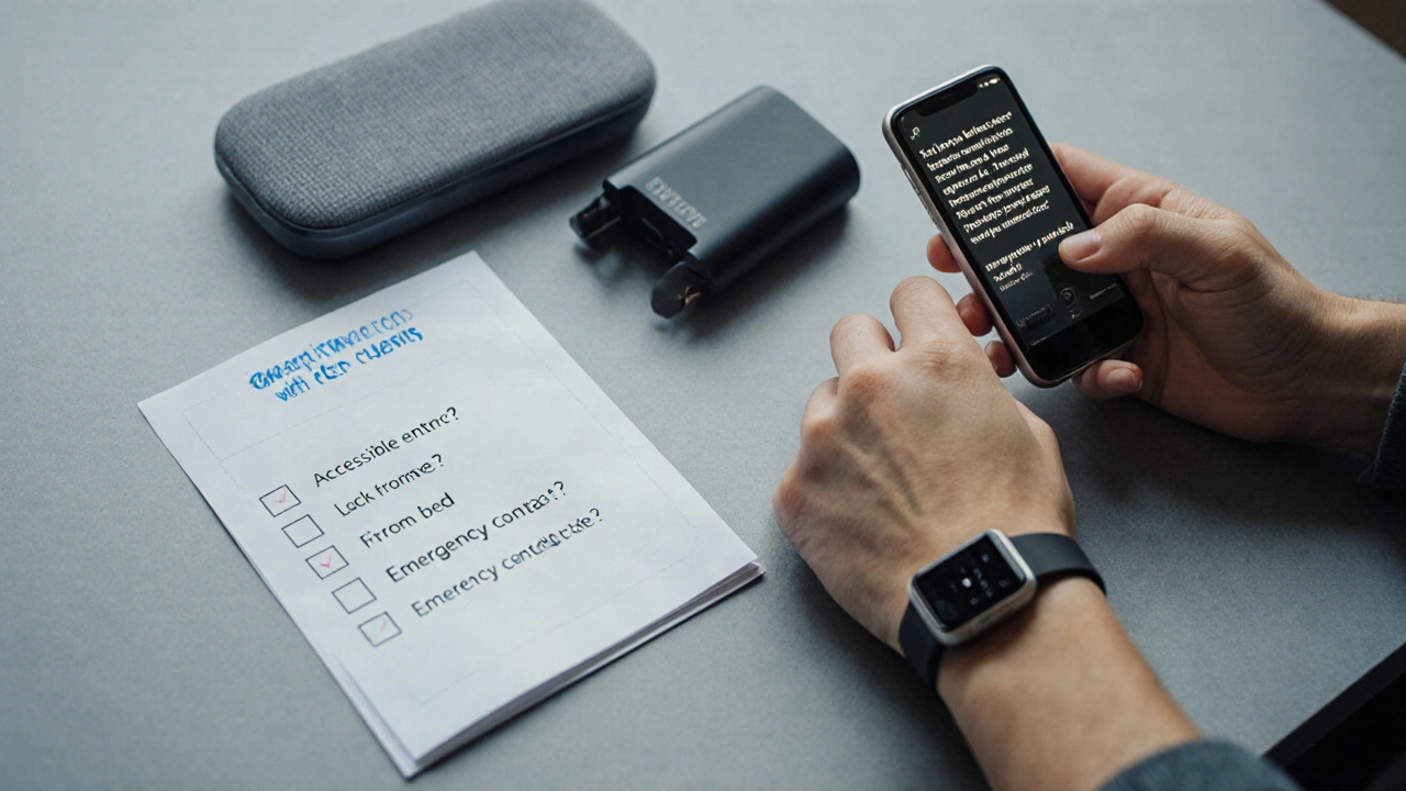 Hands holding a phone with a safety message and a smartwatch, next to emergency checklists.