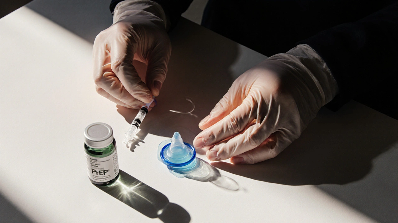 Hands placing condoms, lube, PrEP, and a syringe on a clean surface as symbols of protection
