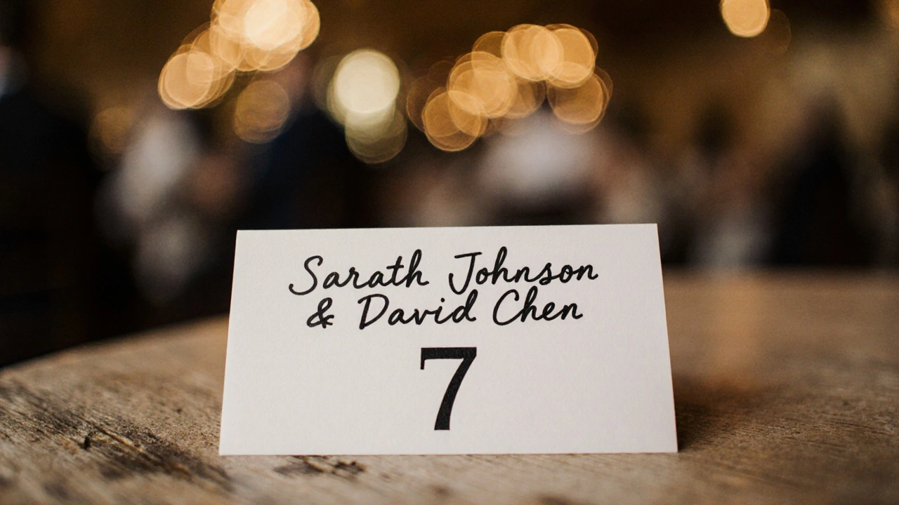 Handwritten escort card with full names and bold table number, placed on wood surface at a wedding.