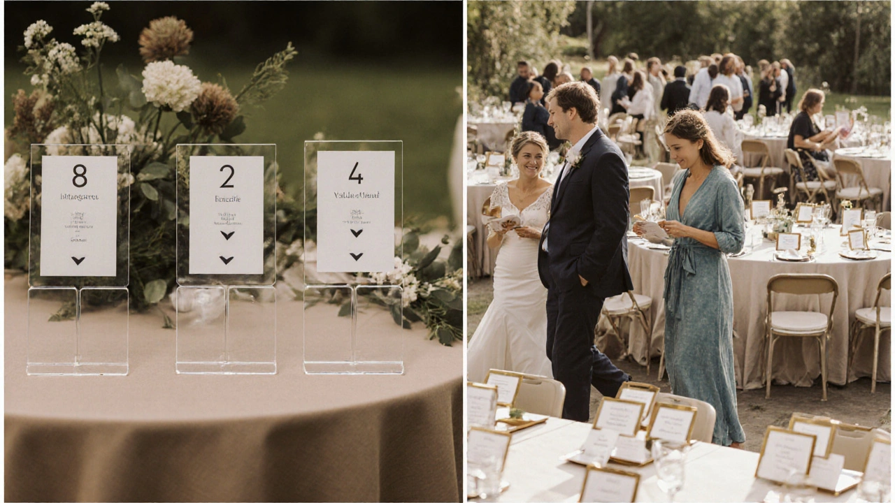 Hybrid wedding seating: escort cards on a central table and place cards at each seat.