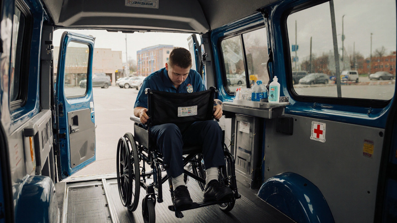 Inside a medical transport van, an escort secures a wheelchair with safety straps and equipment.