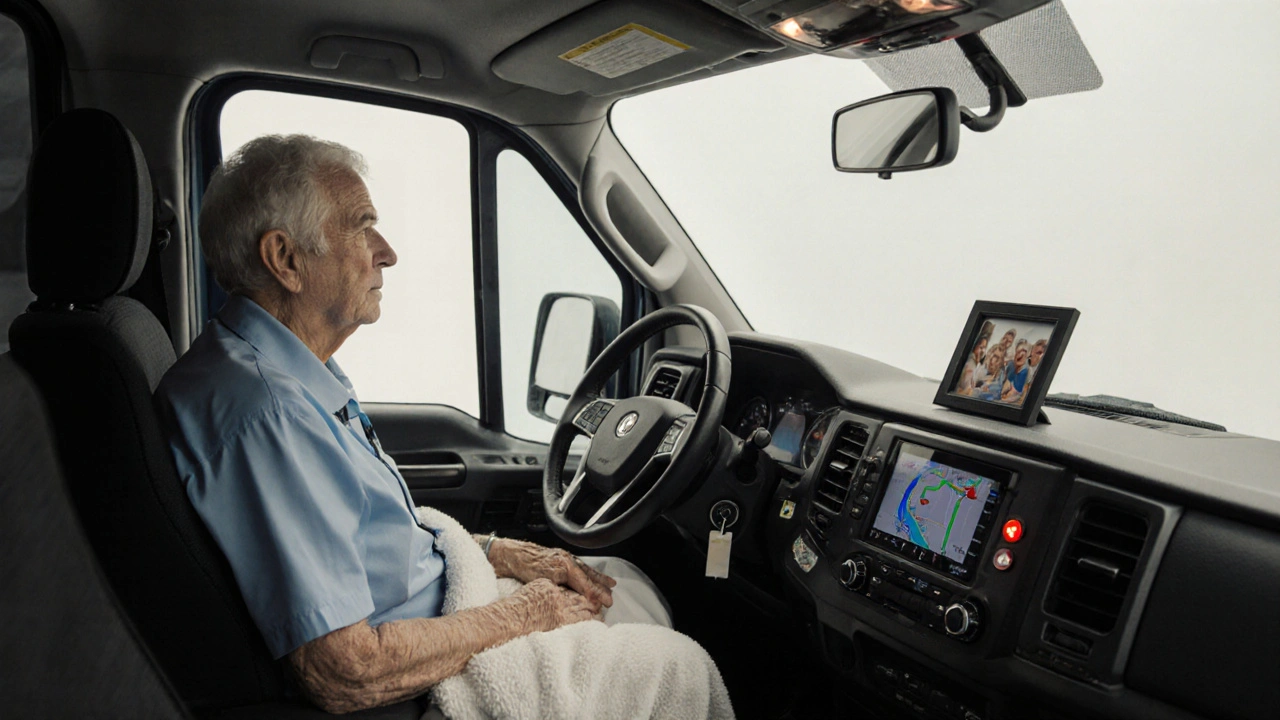 Inside a safe, padded medical transport van, a patient looks out the window with a blanket and photo nearby.