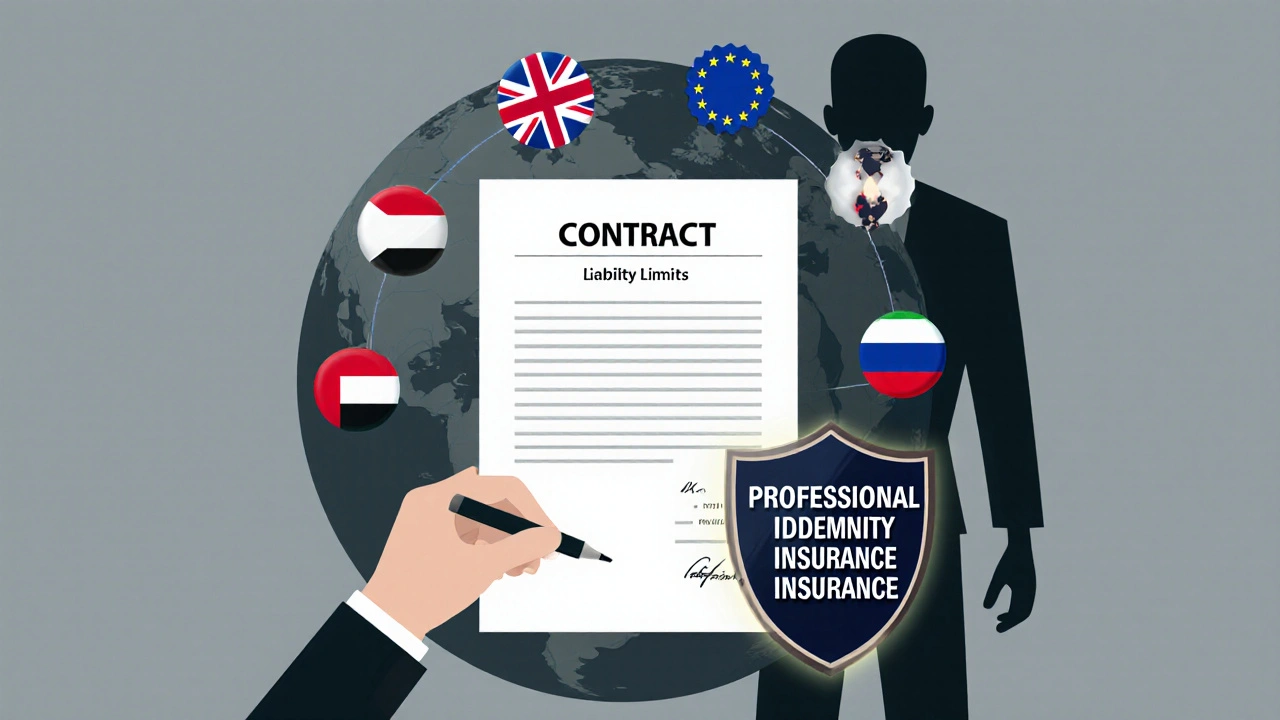 Legal contract above globe with insurance shield protecting tour escort from lawsuit shadow.