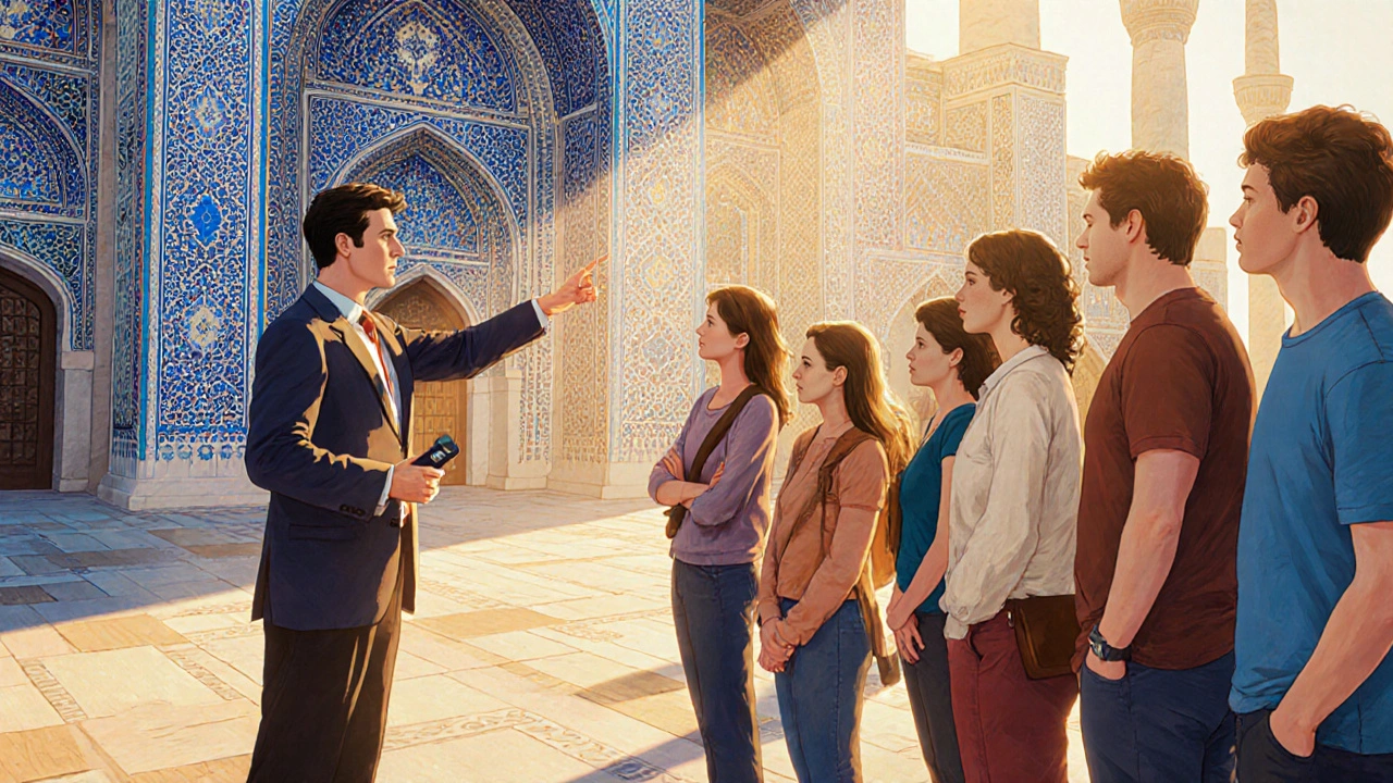 Licensed tour guide explaining mosque architecture to a small group.
