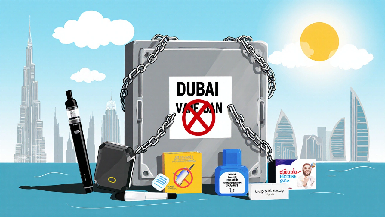 Locked box with banned vaping devices beside legal nicotine gum and patches