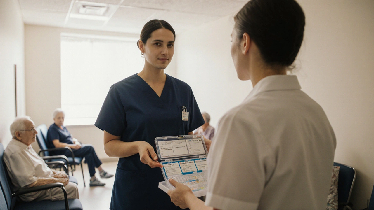 Medical escort handing labeled medication case to nurse in clinic waiting area.