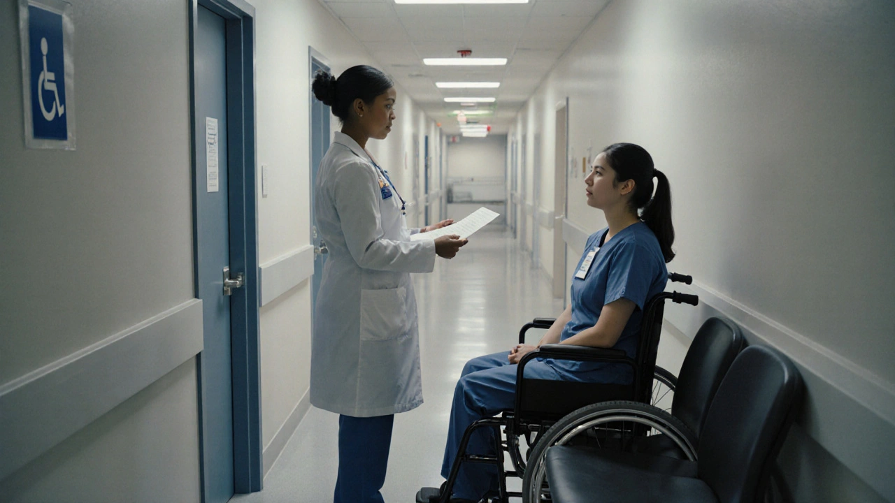 Medical escort handing mobility notes to a nurse outside an exam room, ensuring patient care continuity.