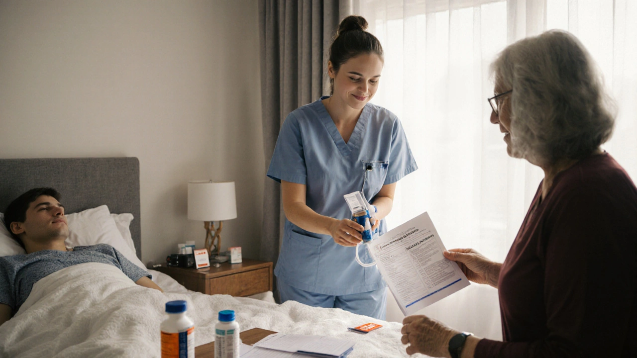 Medical escort showing parents how to use a pain pump at home after surgery.