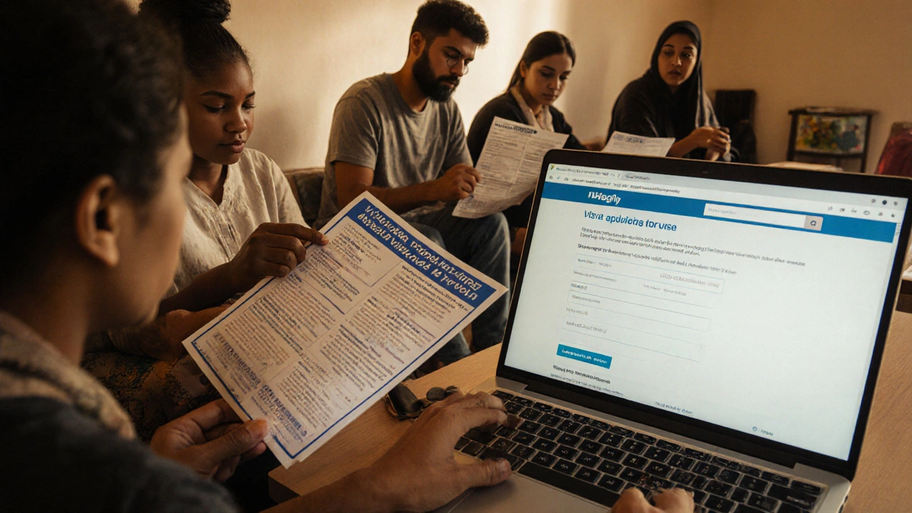 Migrants in a community center reviewing job flyers for legal remote and caregiving work.