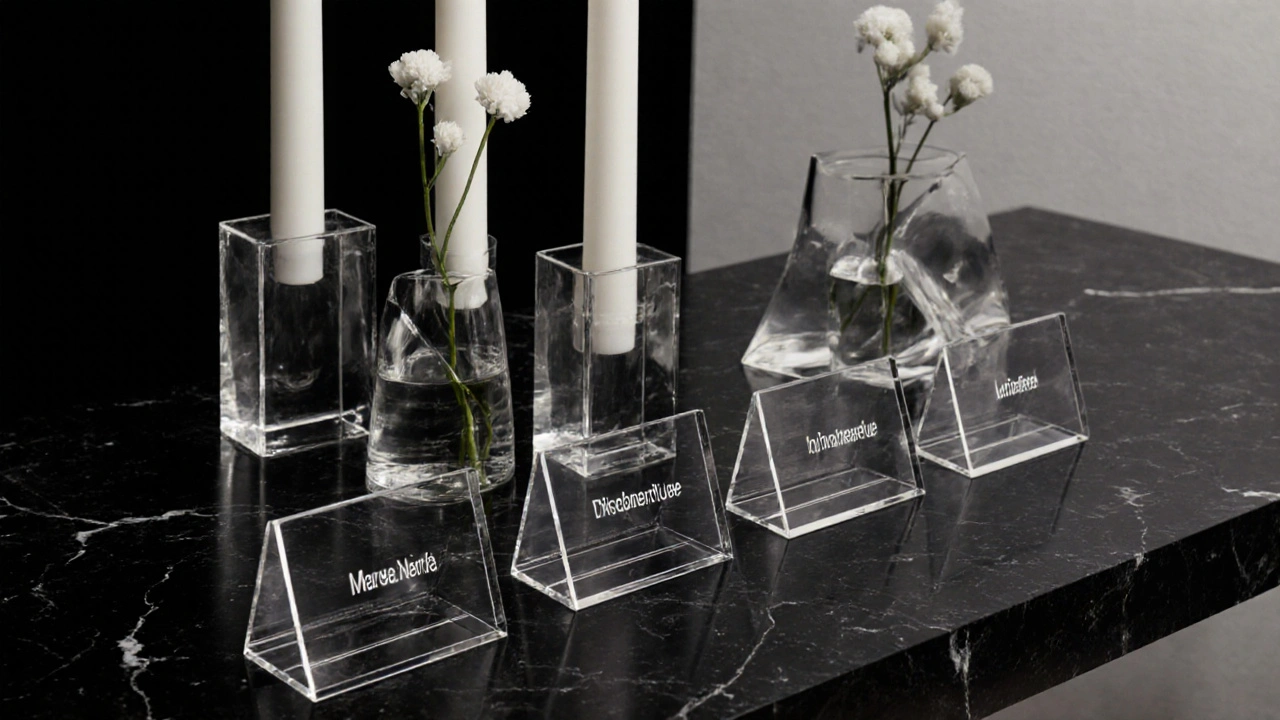Minimalist acrylic escort cards with engraved names on a black marble table beside white candles and glass vases.