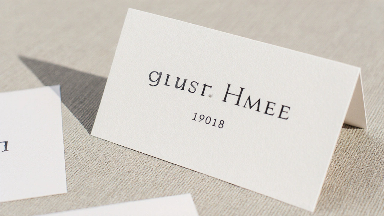 Minimalist escort card on textured cardstock with clean typography, matching wedding invitation, natural light highlighting paper finish.