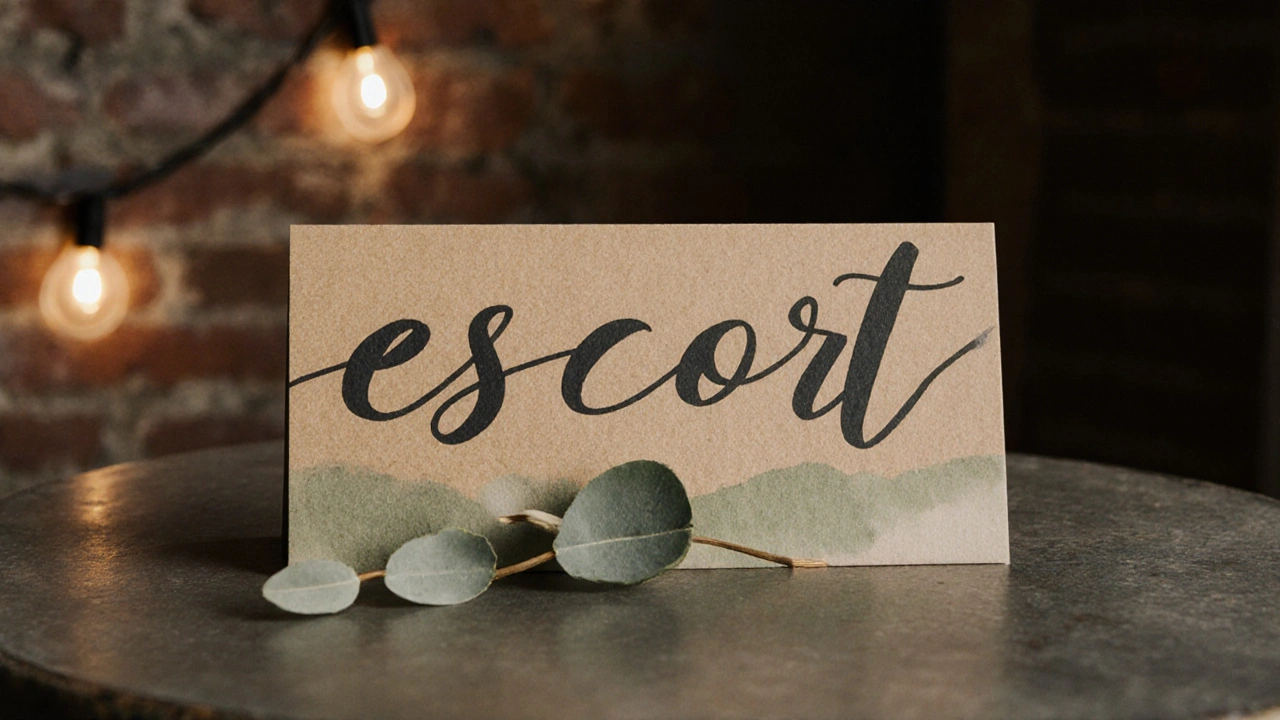 Modern calligraphy on kraft paper with eucalyptus leaf, soft lighting in an industrial venue.