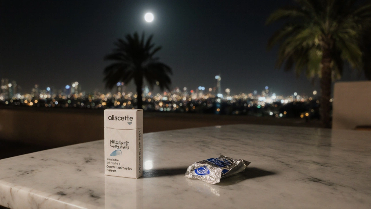 Nicotine gum and patch on a table in Dubai, no vaping devices present.