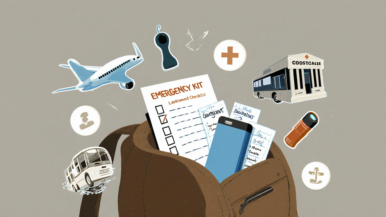 Open emergency kit with checklist, power bank, water, and tools for travel disruptions.