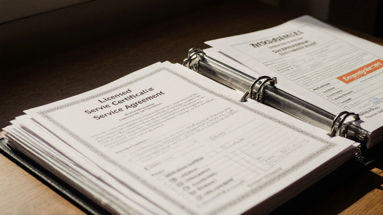 Open travel binder displaying licensed certification, signed agreement, and insurance documents on a wooden table.