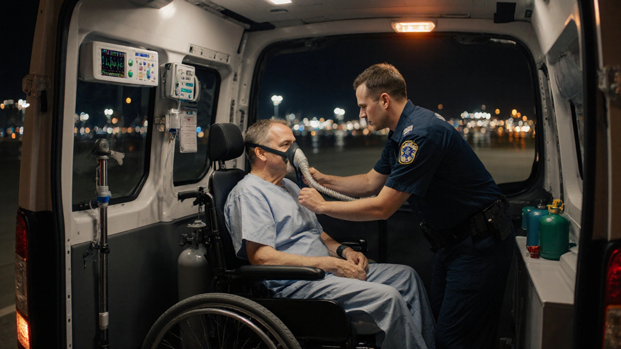 Paramedic adjusting oxygen mask for a post-surgery patient in a medically equipped transport van.
