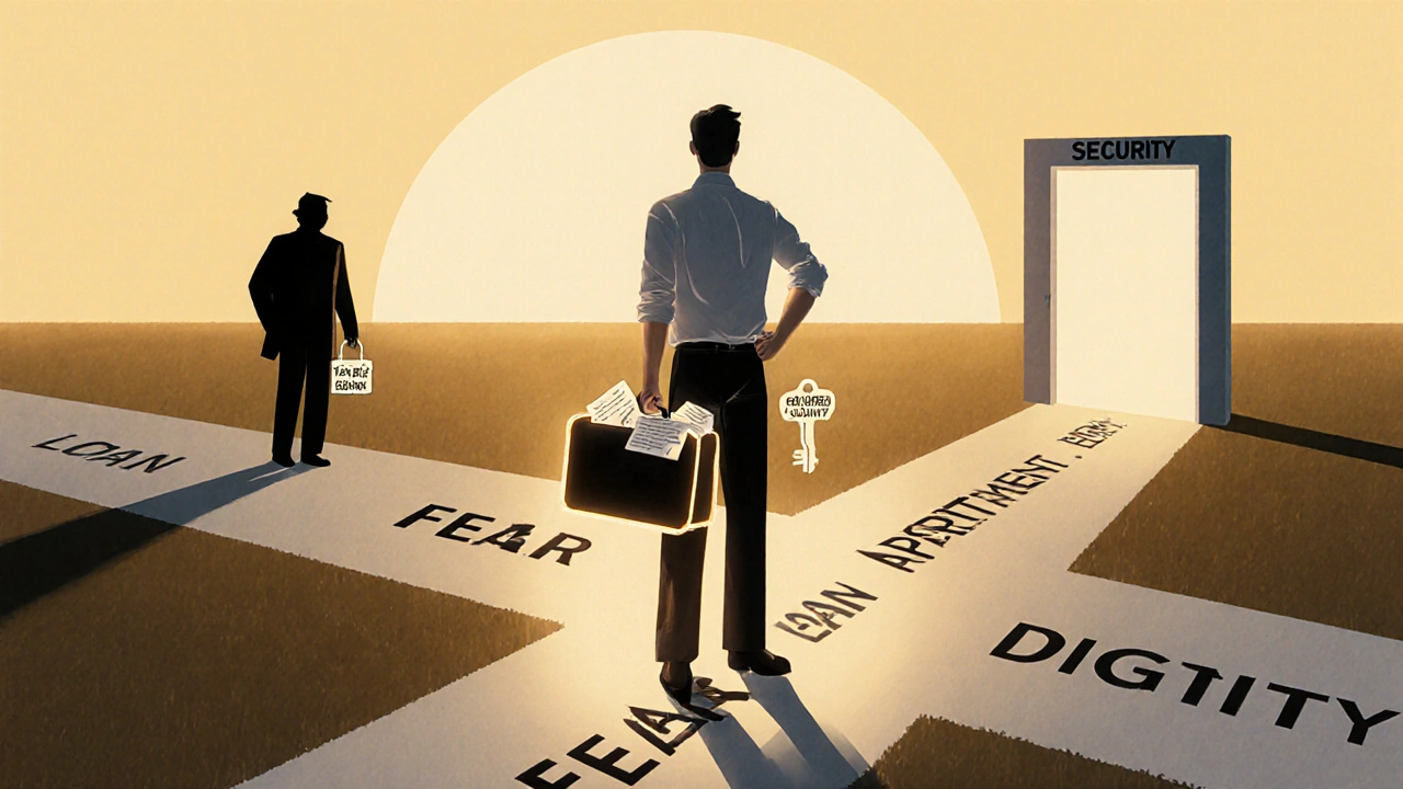 Person standing at crossroads between fear and dignity, holding tax documents.