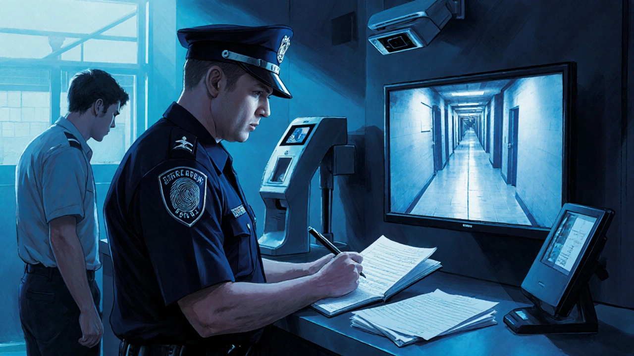 Police inspector reviewing logbook at a massage business counter with surveillance monitor.