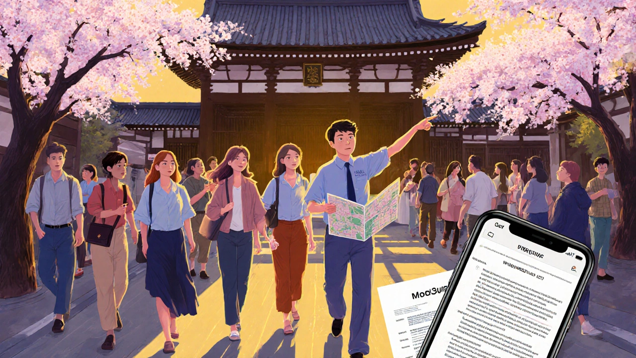 Private tour guide leading travelers through Kyoto’s cherry-blossomed streets.