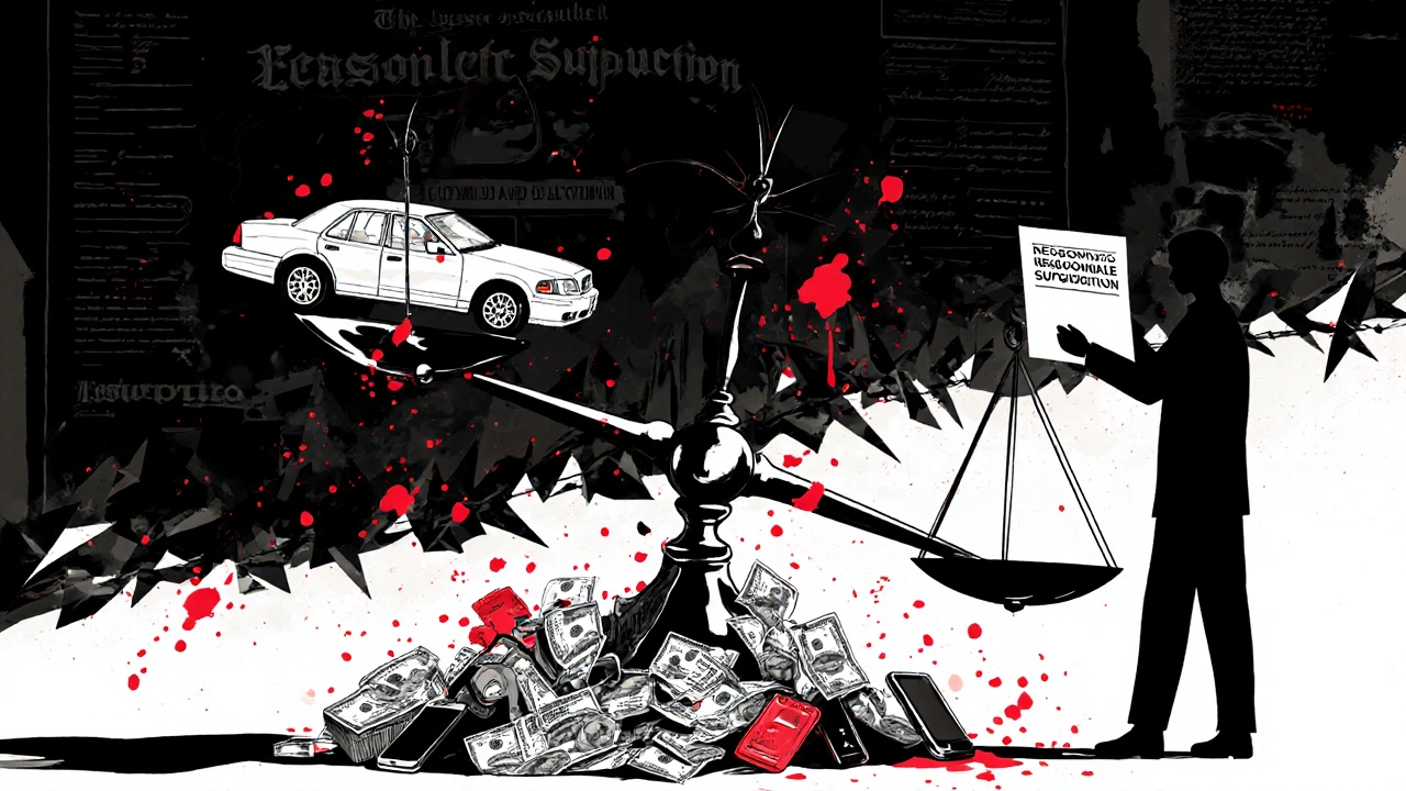 Scales of justice tilted toward confiscated objects, lone figure with &#039;reasonable suspicion&#039; paper, barbed wire background.