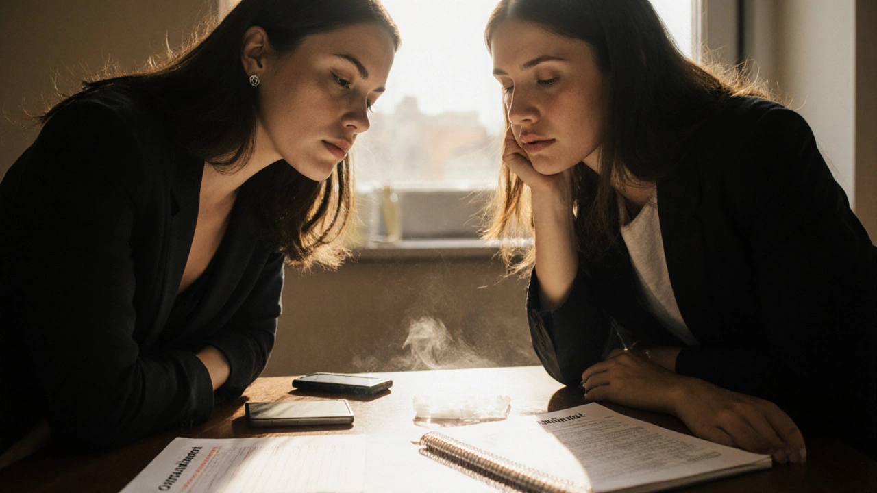 Sex worker and legal advocate reviewing privacy protection documents in a sunlit room.