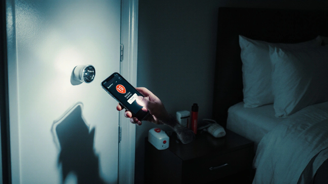 Sex worker in hotel room using strobe flashlight near locked door, emergency app visible.
