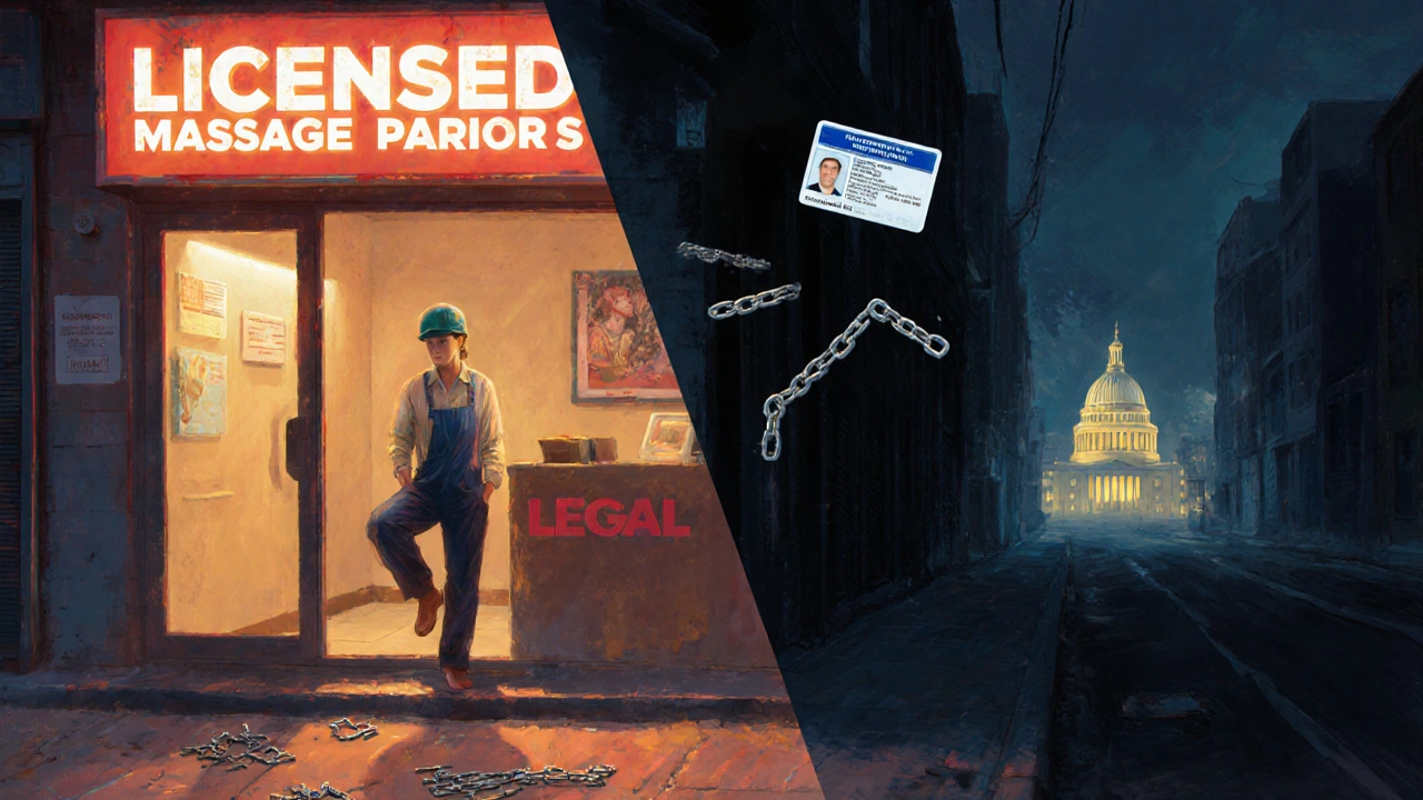 Sex worker standing between licensed business and dark alley, symbolizing legal and underground work.