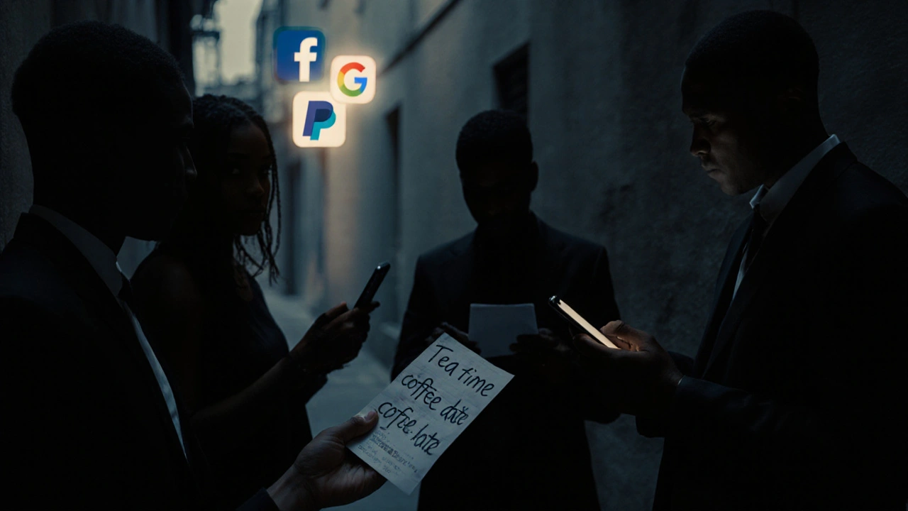 Sex workers exchanging coded contact information in a shadowy alley at dusk.