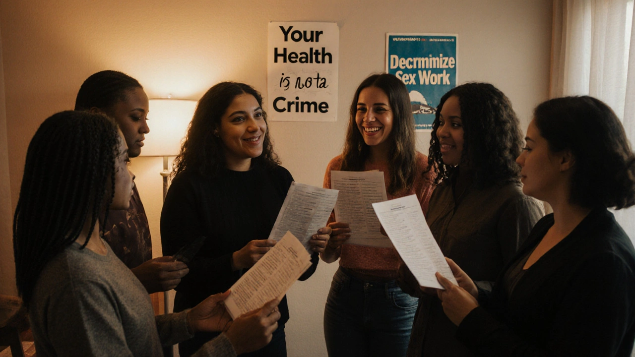 Sex workers in a community center sharing consent forms and test results under warm light.