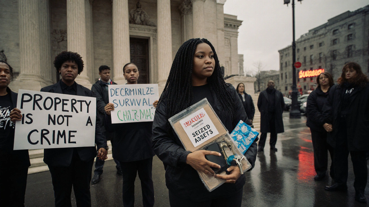 Sex workers outside courthouse holding signs and box of seized items, diverse group, rainy urban backdrop.
