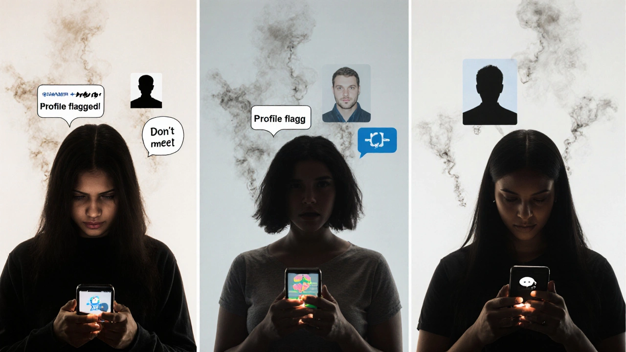 Sex workers securely communicating via encrypted messages, faces hidden, hands holding phones with warnings.