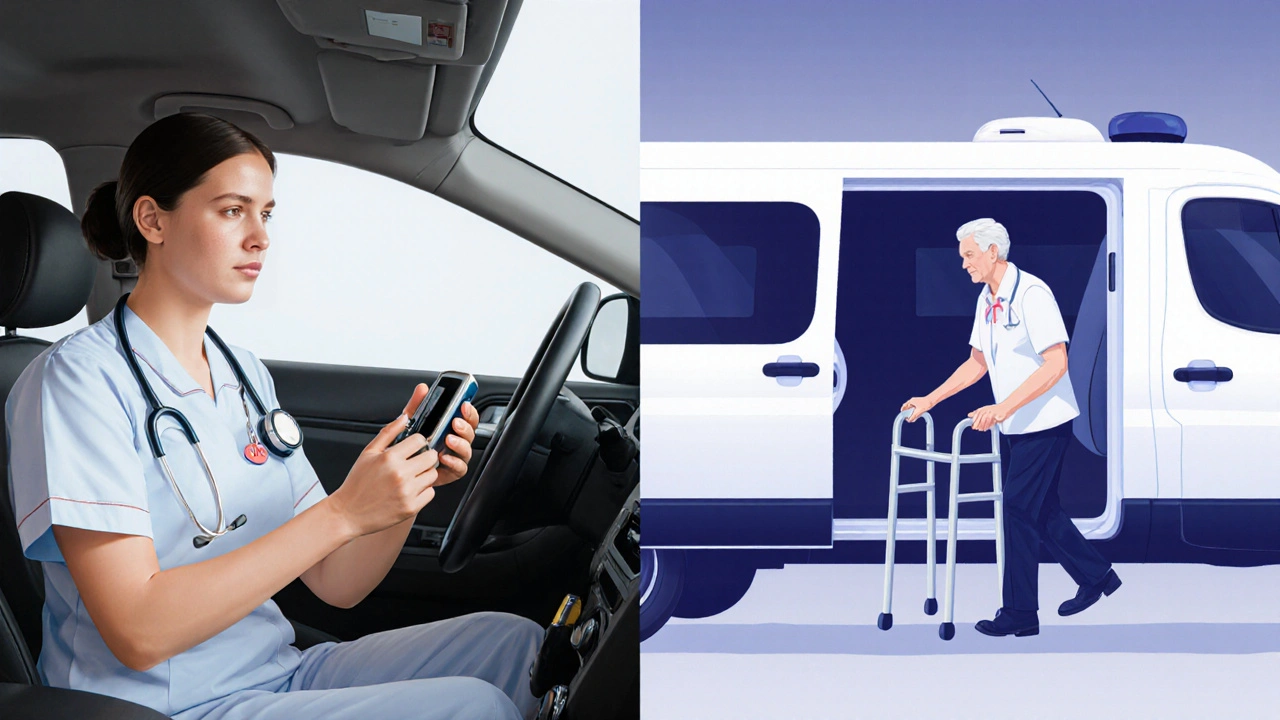 Side-by-side comparison: nurse giving insulin vs. escort assisting with mobility.