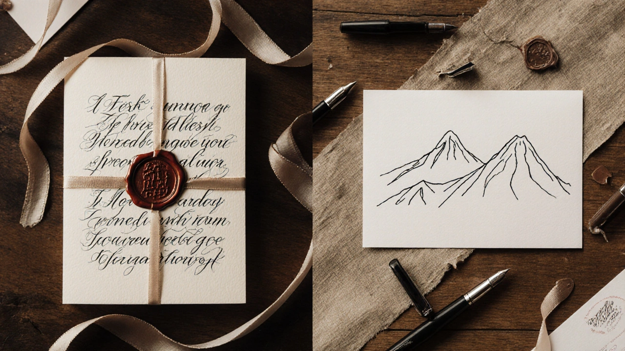 Side-by-side comparison of traditional and modern wedding escort cards with complementary tools.