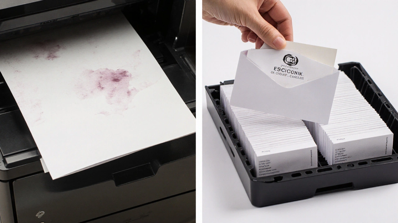 Side-by-side: home printer jammed with cardstock vs. professionally printed cards in a tray.