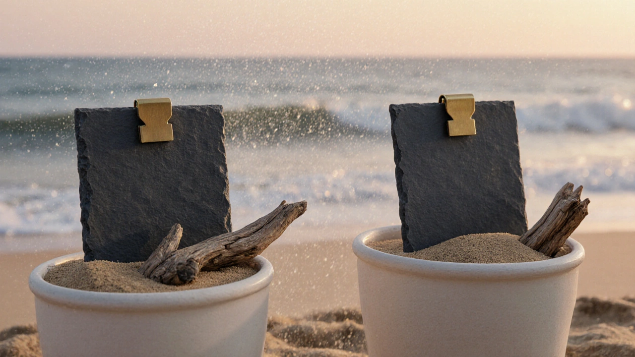Slate stone escort cards set in ceramic pots on a beach, anchored securely against wind and spray.