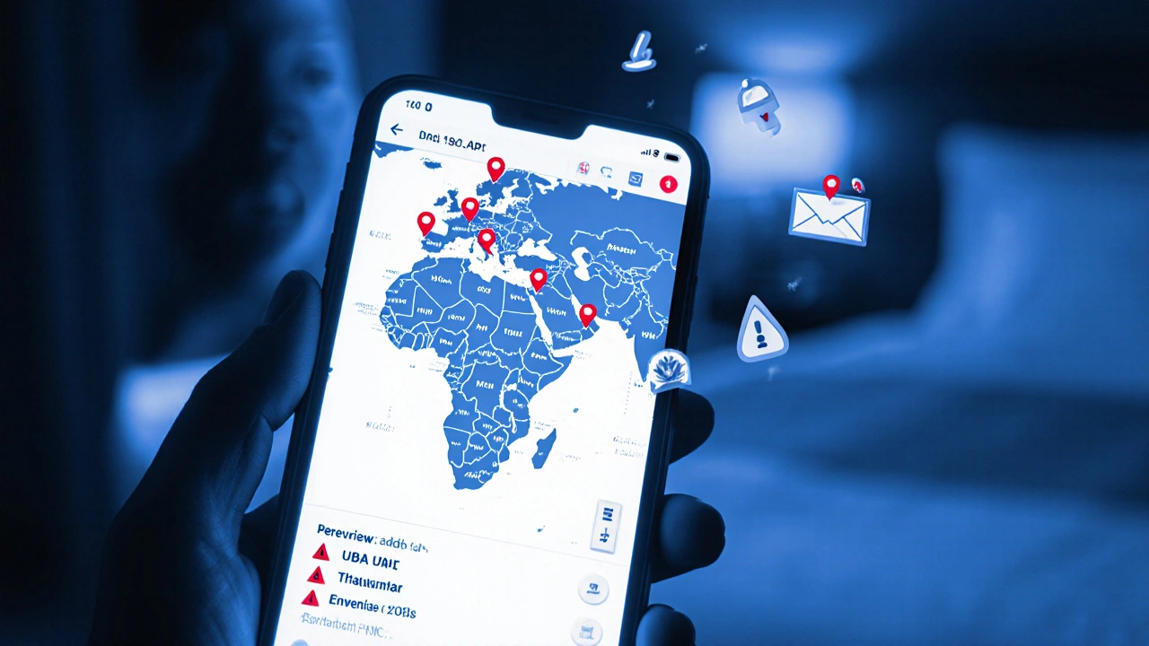Smartphone screen in a dark room displaying warning pins on a map, reflecting a worried traveler with digital safety icons floating nearby.