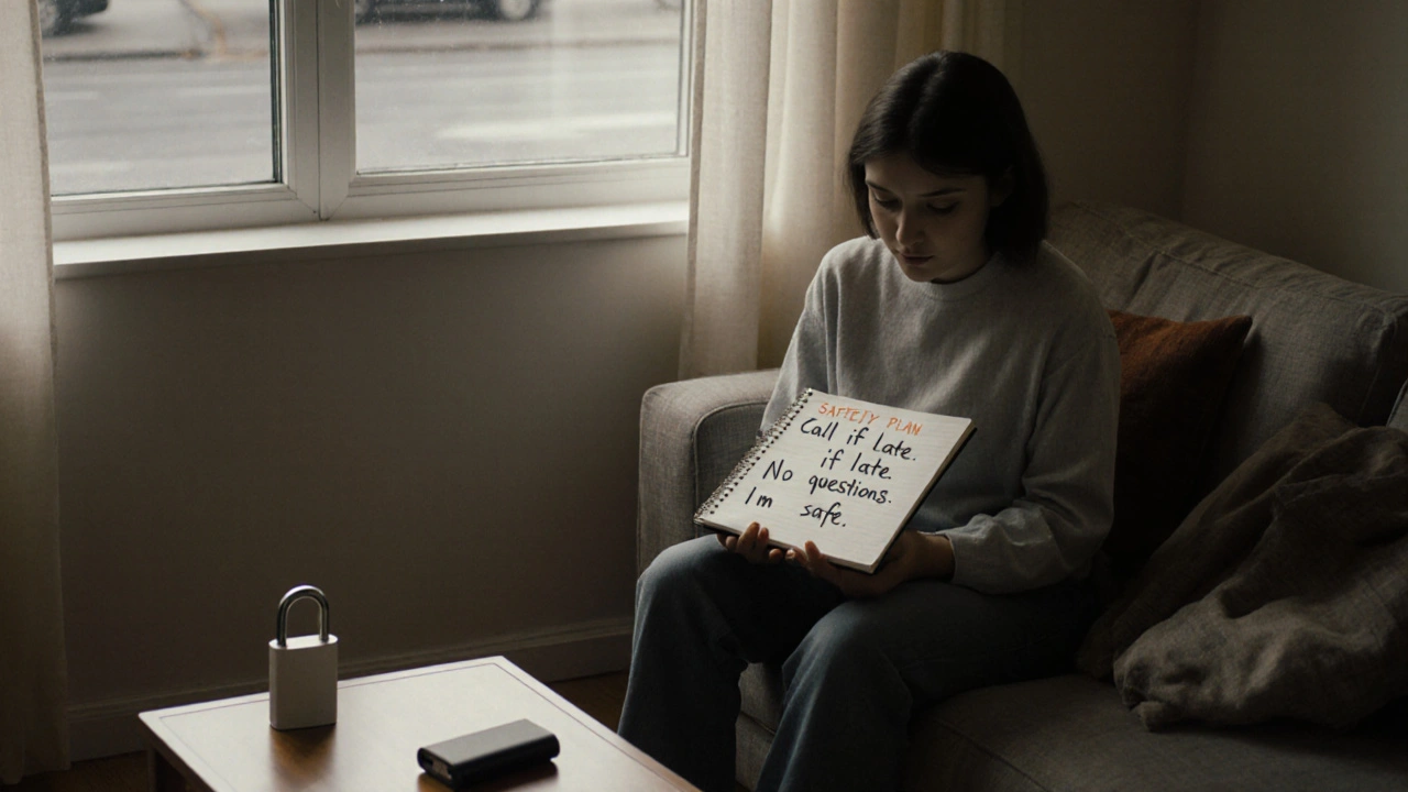 Someone alone with a written safety plan and portable door lock on a sofa, daylight through window.
