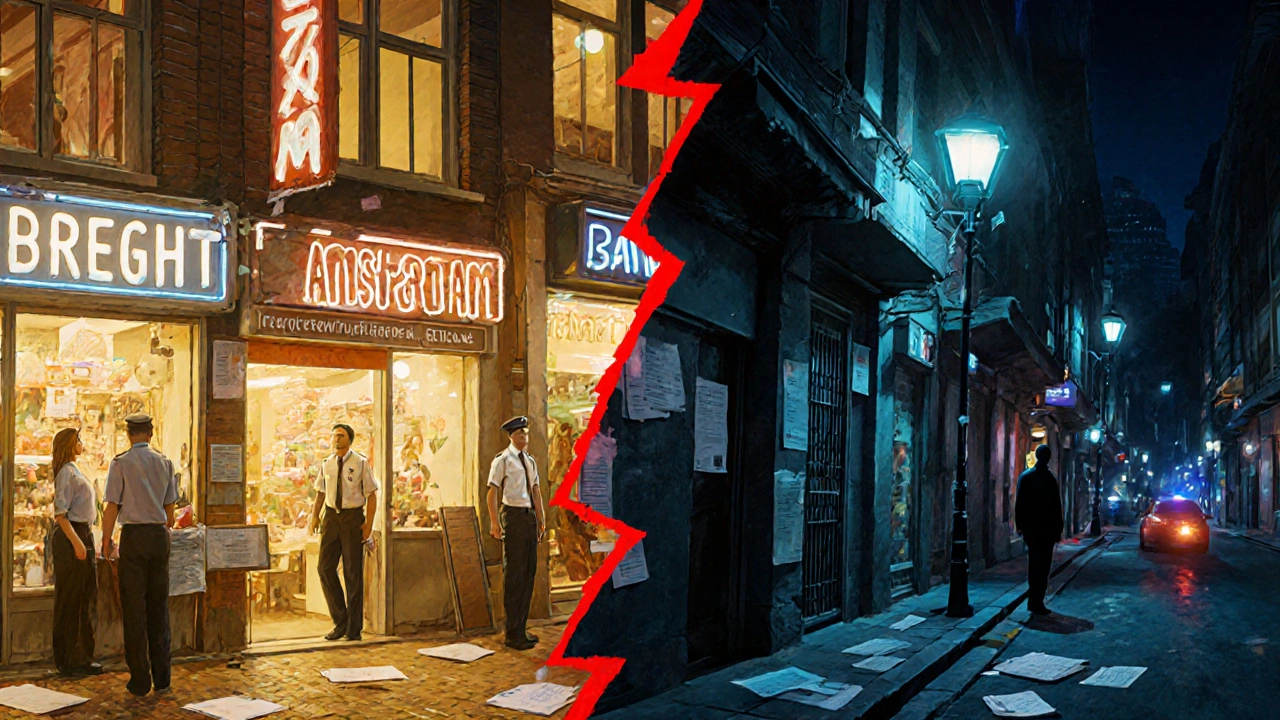 Split cityscape showing legal sex work in Amsterdam contrasted with underground activity in Bangkok, connected by a fractured legal line.