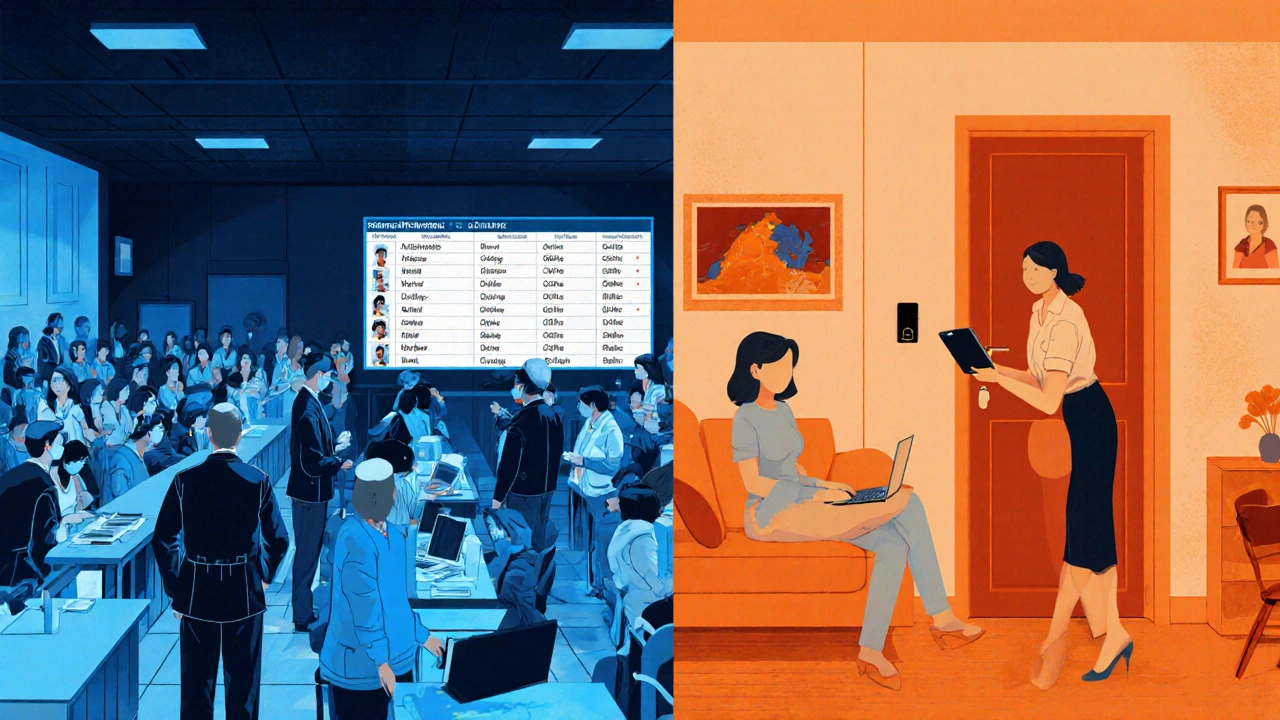 Split illustration: regulated brothel on left, independent worker safe at home on right.