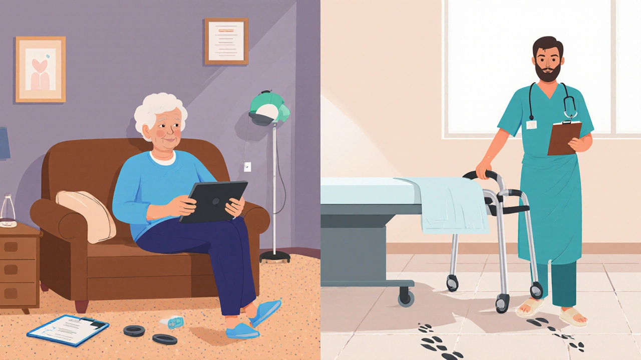 Split image comparing telehealth support at home with in-person medical assistance at a clinic.