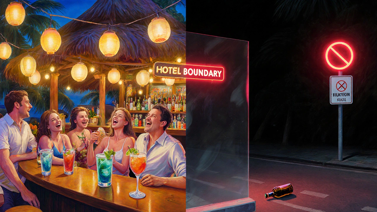 Split image: vibrant resort bar vs. dark public street with alcohol prohibition sign.