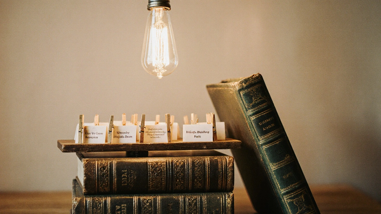 Stack of vintage books with clothespin-held name cards on a wooden board.