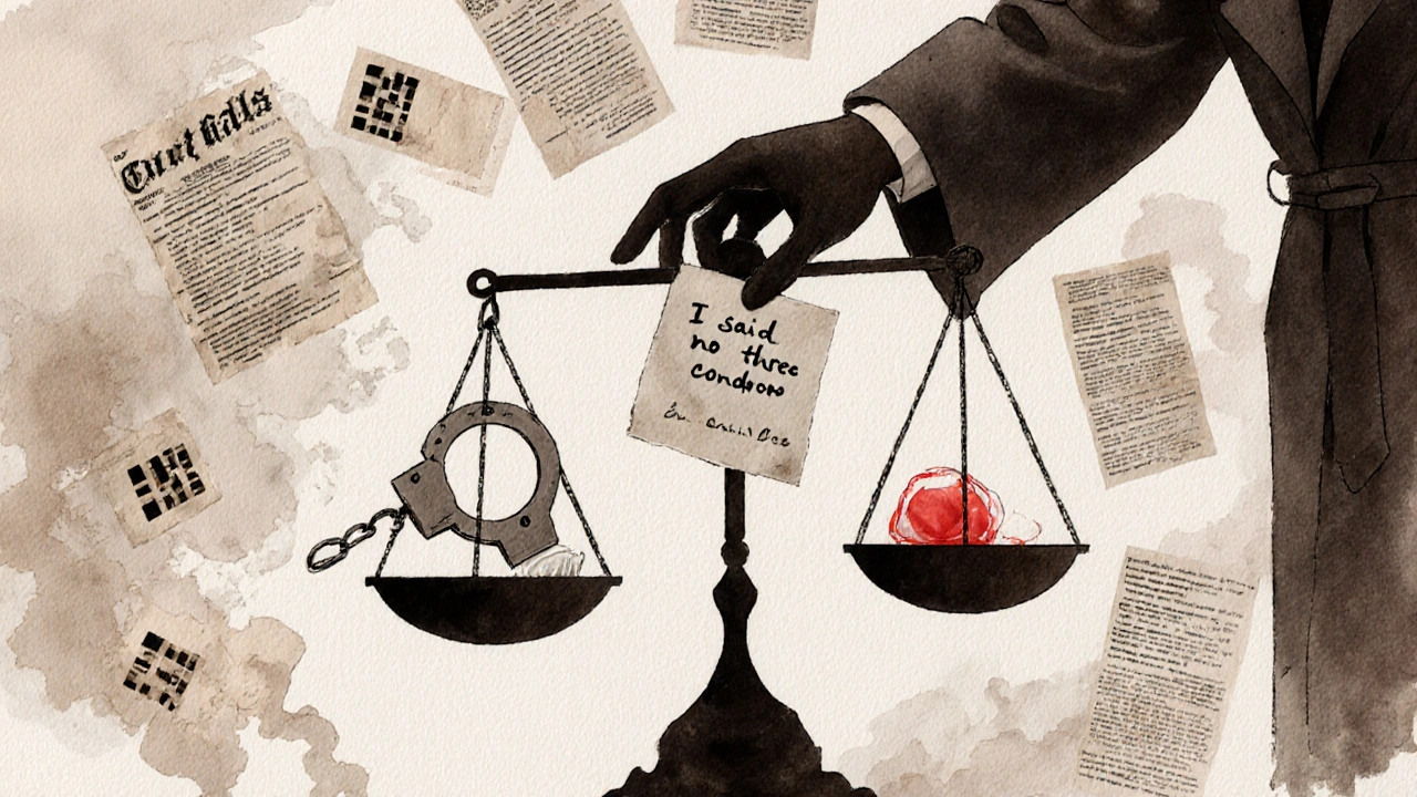 Symbolic scale balancing handcuff and condom against note saying &#039;I said no three times&#039;.