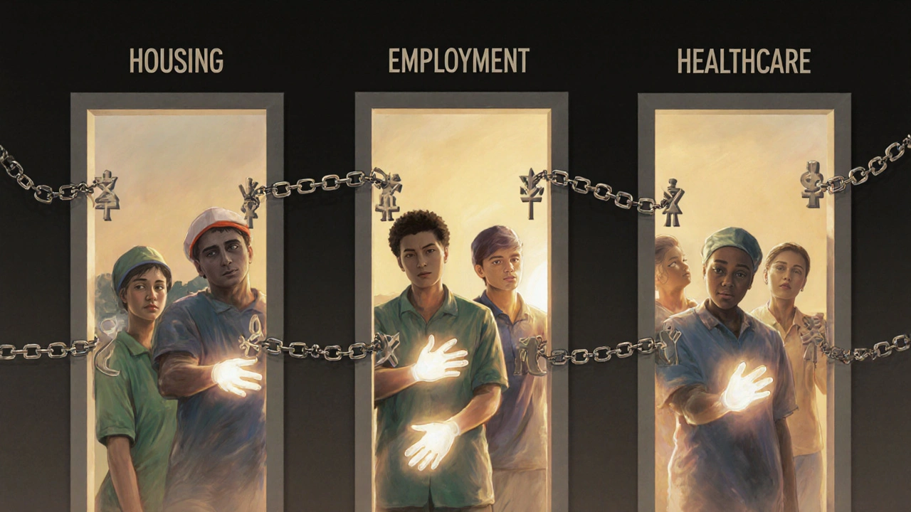 Three barred doors labeled housing, employment, and healthcare, with figures reaching toward light.