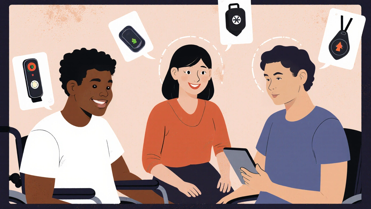 Three disabled sex workers in a supportive online group call, surrounded by digital safety tool icons.