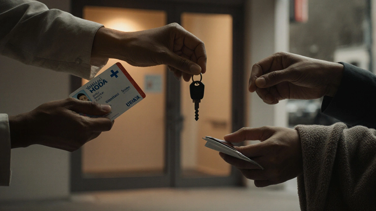 Three hands symbolizing trust: medical card, car key, and familiar blanket near hospital doors.