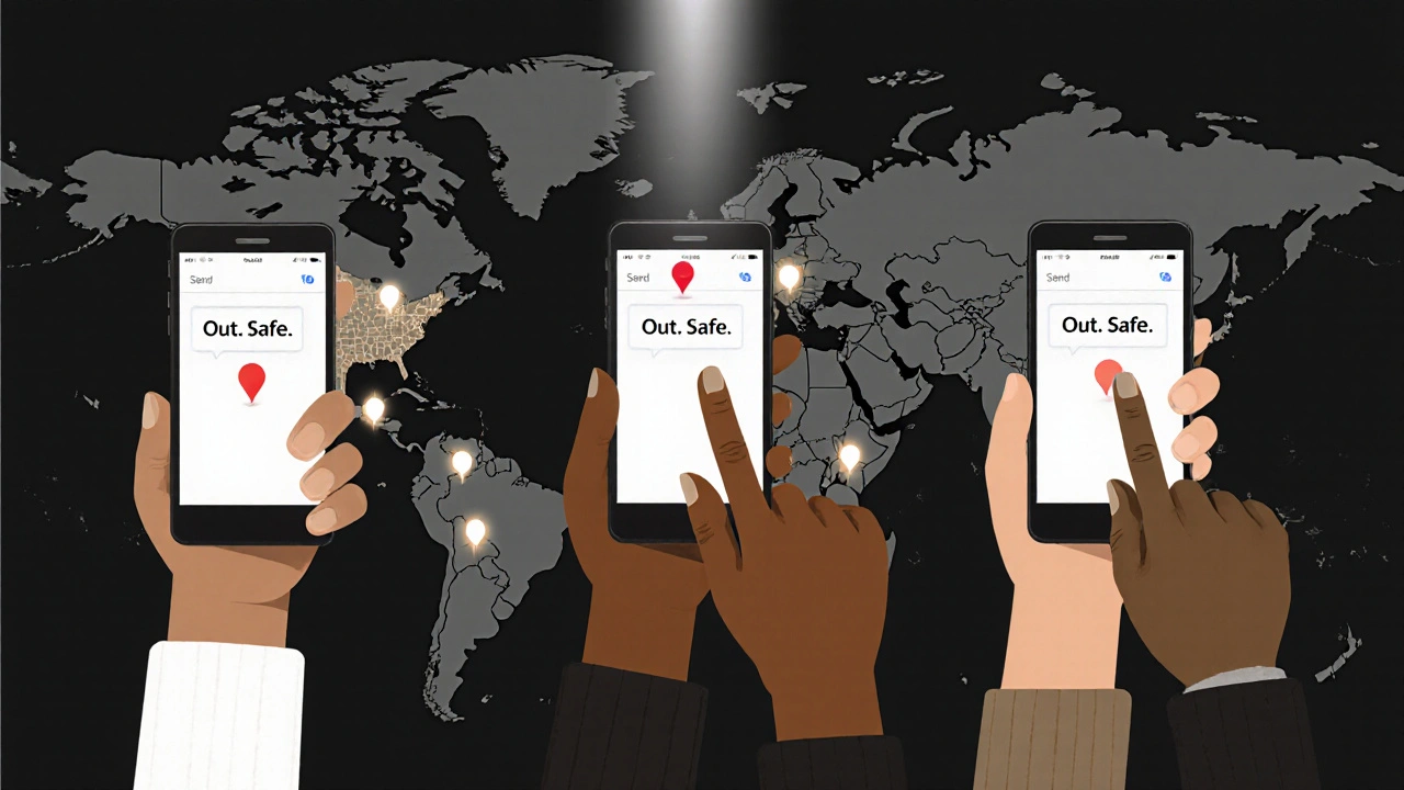 Three people send the same safety text at once, their phones glowing in the dark with shared trust.