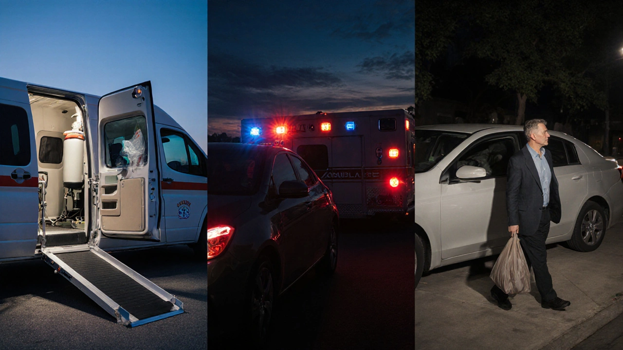 Three transport types compared: medical escort van, ambulance, and ride-share car.