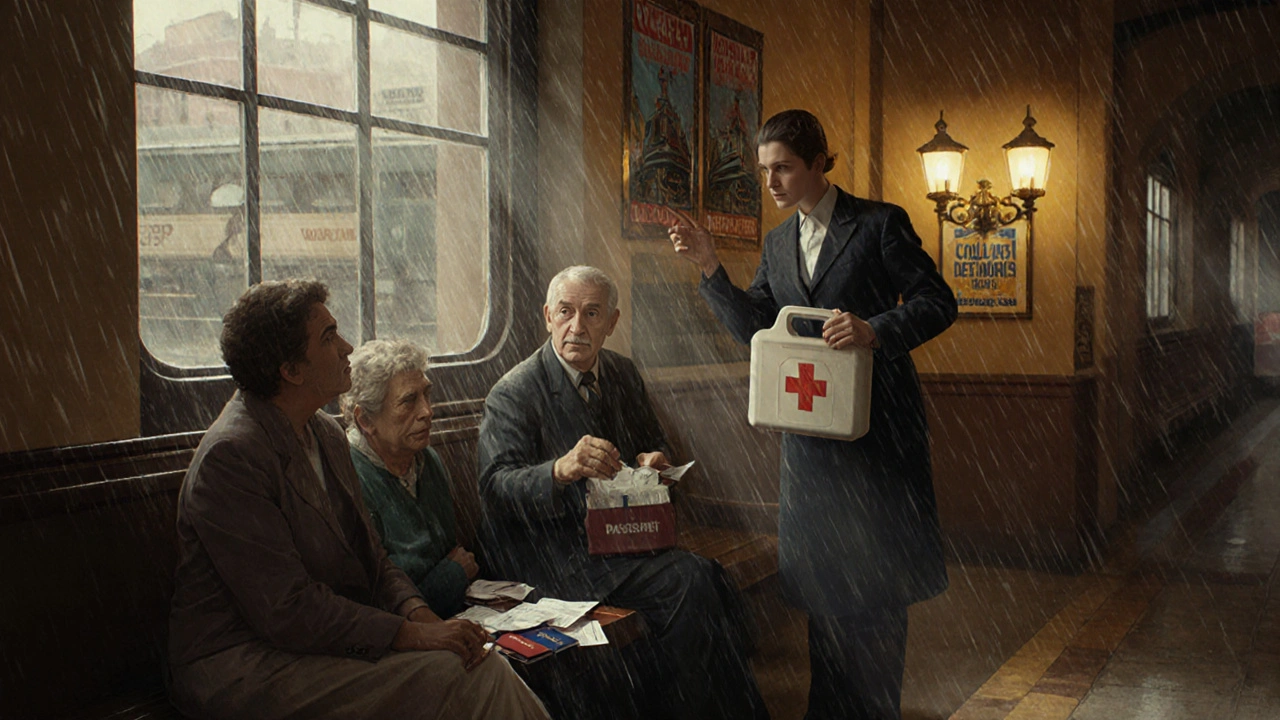 Tour escort calmly assisting a group in a foreign train station during a rainy evening crisis.