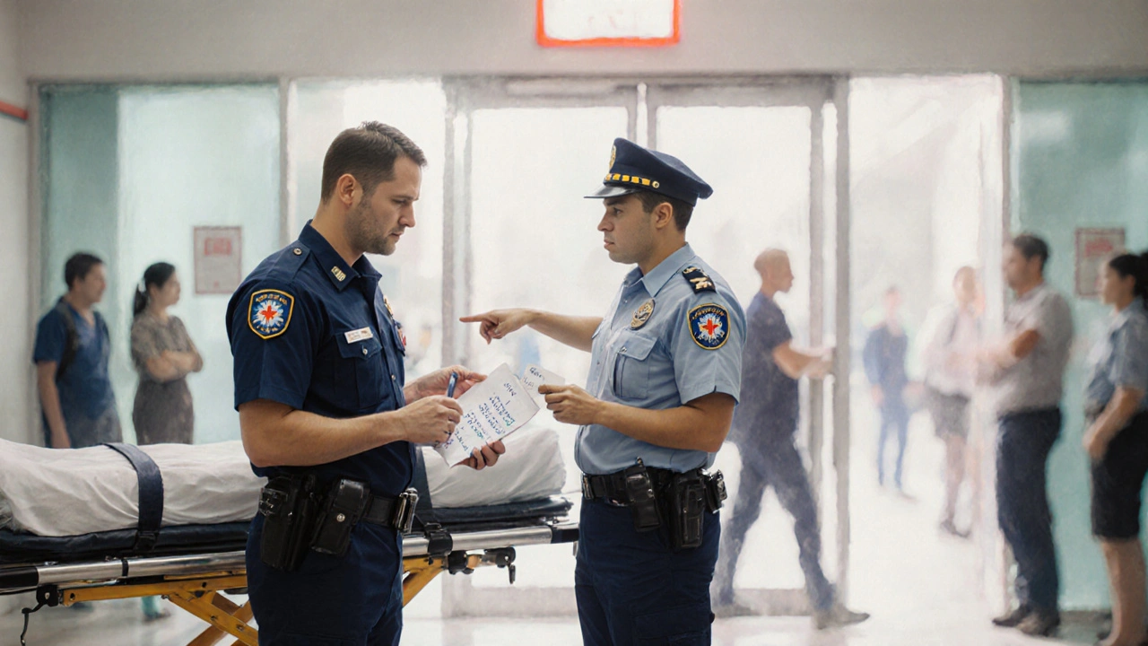 Tour escort calmly handing medical notes to a paramedic at a foreign hospital entrance.